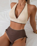 Bikini Conjunto de Dos Piezas con Cuello Halter y Diseño de Color Cont
