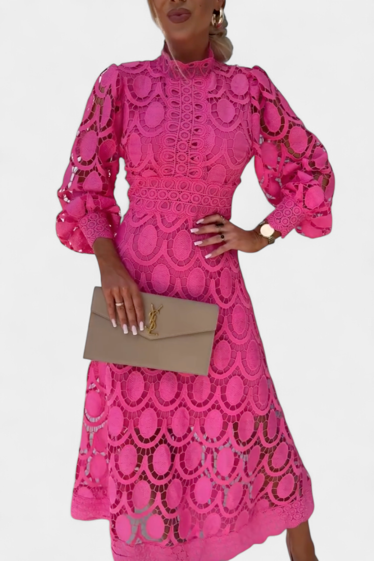 Lucia Vestido Midi de Encaje con Mangas Farol y Cuello Alto
