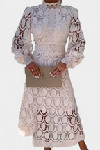 Lucia Vestido Midi de Encaje con Mangas Farol y Cuello Alto