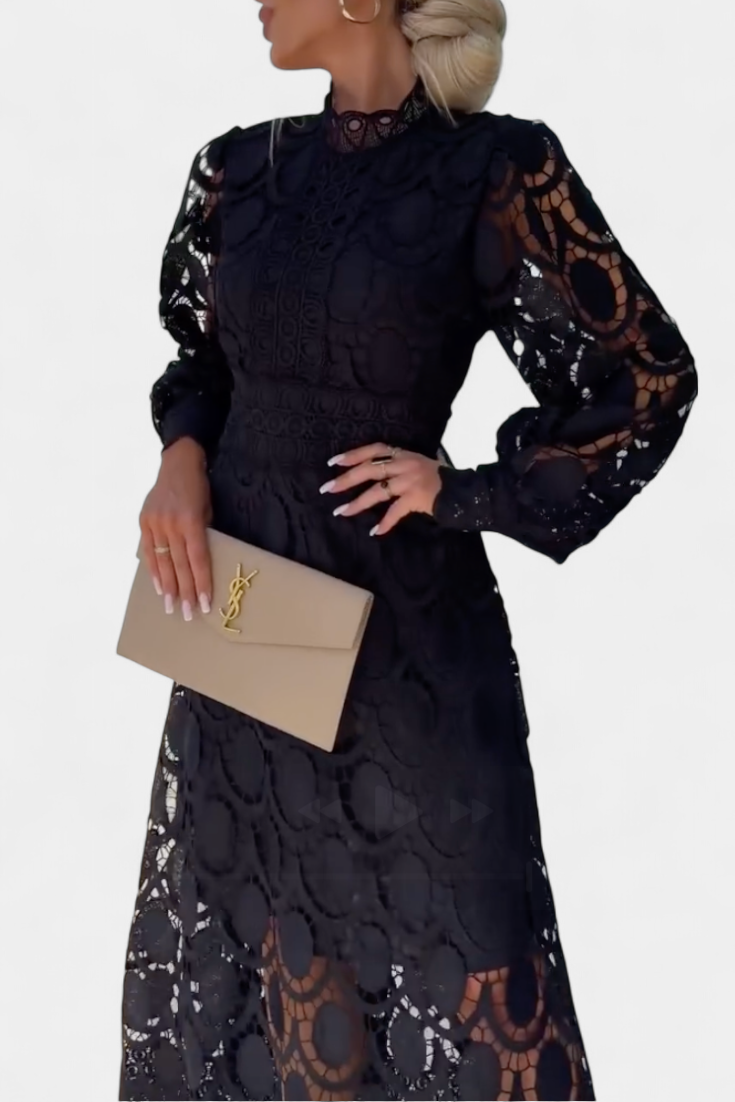Lucia Vestido Midi de Encaje con Mangas Farol y Cuello Alto