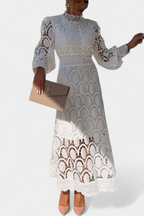 Lucia Vestido Midi de Encaje con Mangas Farol y Cuello Alto