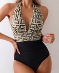 Bañador Estampado con Contraste de Cuello Halter de Una Pieza