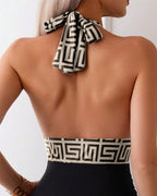 Bañador Estampado con Contraste de Cuello Halter de Una Pieza